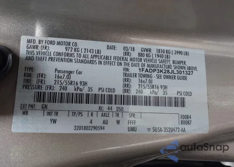 2018 Ford Focus Se z USA, uszkodzony, nr VIN 1FADP3K28JL301327